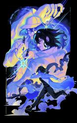  1other 4girls abstract age_progression baseball_cap black_eyes black_hair black_shirt black_skirt bob_cut coat commentary english_commentary evie_(baoxiao) full_body glowing glowing_hair hair_flowing_over han_sooyoung hand_up hat highres holding holding_pen limited_palette lollipop_in_mouth multiple_boys multiple_girls multiple_persona multiple_views omniscient_reader&#039;s_viewpoint out_of_frame painterly pen running saturated serious shirt short_hair size_difference skirt sparkle white_coat white_shirt wind wind_lift 