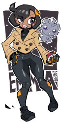  1girl black_hair black_jumpsuit emma_(pokemon) espurr hair_ornament looking_at_creature mega_stone poke_ball pokemon pokemon_za short_hair short_jacket smile violet_eyes 