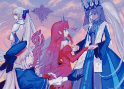  3girls aesc_(fate) baobhan_sith_(fate) baobhan_sith_(first_ascension)_(fate) black_bow black_dress black_gloves blonde_hair blue_eyes bow crown detached_sleeves dress dual_persona fate/grand_order fate_(series) gloves hair_between_eyes hair_bow hat highres holding holding_staff long_hair long_sleeves looking_at_viewer mado_(madoromiya) mage_staff morgan_le_fay_(fate) morgan_le_fay_(first_ascension)_(fate) morgan_le_fay_(queen_of_winter)_(fate) mother_and_daughter multiple_girls pink_hair pointy_ears ponytail spikes staff standing two-tone_dress veil white_hair 
