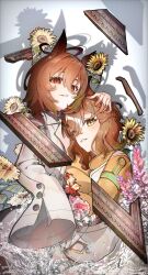  2girls absurdres agnes_tachyon_(tach-nology)_(umamusume) agnes_tachyon_(umamusume) ahoge animal_ears blush brown_hair coat earrings flower grin hair_between_eyes hair_ornament hairclip hand_on_another's_head highres horse_ears horse_girl huge_ahoge jacket jewelry jungle_pocket_(champion's_battle_cry)_(umamusume) jungle_pocket_(umamusume) lab_coat long_sleeves medium_hair mouchu multicolored_hair multiple_girls open_mouth picture_frame red_eyes single_earring sleeves_past_fingers sleeves_past_wrists smile streaked_hair sunflower umamusume white_coat white_hair yellow_eyes yellow_jacket 