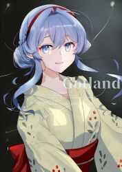  1girl blue_eyes blue_hair braid character_name food_print fruit_print gotland_(kancolle) gotland_(yukata)_(kancolle) green_kimono hair_bun hairband half_up_braid japanese_clothes kantai_collection kimono kimura_shiki leaf_print lingonberry_print long_hair looking_at_viewer obi red_hairband sash sidelocks solo upper_body yukata 