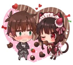  1boy 1girl alternate_costume animal_ears black_hair black_suit blunt_bangs blush blush_stickers bow bowtie brown_hair candy cat_ears cat_tail chibi chibi_only chocolate closed_mouth collared_shirt commentary couple enmaided flirting food food-themed_hair_ornament food_in_mouth full_body green_eyes green_pants grey_bow grey_bowtie hair_between_eyes hair_bow hair_ornament hands_up heart heart-shaped_chocolate heart-shaped_food hetero japanese_clothes kimono kono_subarashii_sekai_ni_shukufuku_wo! long_sleeves looking_at_another maid maid_headdress megumin one_eye_closed pants red_bow red_bowtie red_eyes red_kimono satou_kazuma shirt short_hair short_hair_with_long_locks simple_background spiky_hair standing strawberry_hair_ornament suit sweatdrop tail tail_raised wa_maid wavy_mouth white_shirt wide-eyed wide_sleeves yuno_(suke_yuno) 