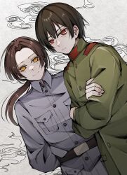  2boys absurdres arms_behind_back axis_powers_hetalia belt black_belt black_hair blush breast_pocket brown_hair buttons china_(hetalia) closed_mouth cloud_background collared_jacket commentary_request crossed_arms green_jacket grey_jacket hair_between_eyes highres jacket japan_(hetalia) long_hair long_sleeves looking_at_viewer low_ponytail male_focus military military_jacket military_uniform mouri_hatiya multiple_boys pocket ponytail red_eyes short_hair smile white_background yellow_eyes 