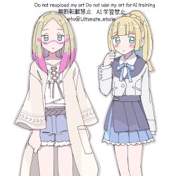  2girls alternate_costume blonde_hair blue_bow blue_bowtie blue_skirt bow bowtie braid braided_ponytail closed_mouth coat collared_shirt denim denim_shorts facepaint green_eyes grey_eyes highres jacket lillie_(pokemon) long_hair looking_at_viewer mina_(pokemon) multiple_girls paint_in_hair paint_splatter paint_splatter_on_face pokemon pokemon_sm ponytail remoooon rope_belt shirt shorts simple_background skirt standing upper_body white_background white_jacket white_shirt yellow_coat 