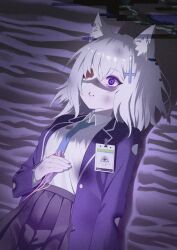  1girl absurdres animal_ear_fluff animal_ears aworuw1137 bandage_over_one_eye blue_archive breasts cross_hair_ornament glitch grey_hair hair_ornament halo highres holding holding_id_card id_card lying on_back on_ground sand shiroko_(blue_archive) shiroko_terror_(blue_archive) solo torn_clothes wolf_ears wolf_girl 