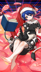  1girl absurdres barefoot black_dress blue_eyes blue_hair blush book closed_mouth doremy_sweet dream_world_(touhou) dress hat highres kourou_(kouroukun) short_hair short_sleeves solo tapir touhou 