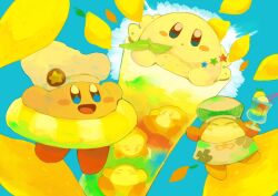  :d blue_background blue_eyes blush_stickers chef_hat closed_eyes cocktail_glass color_contrast cook_kirby copy_ability cup drink drinking_glass food fruit hat highres holding holding_drink kirby kirby_(series) lemon no_humans open_mouth purano7 red_shoes shoes smile star_(symbol) swim_ring waddle_dee 