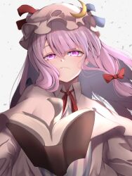  1girl blue_bow book bow commentary crescent crescent_hat_ornament dress floating floating_book floating_hair floating_object frilled_hat frills hair_bow hat hat_ornament highres kararage_tsune long_hair looking_at_viewer mob_cap neck_ribbon patchouli_knowledge pink_hair pink_hat purple_hair red_bow red_ribbon ribbon robe simple_background solo straight_hair striped_clothes striped_dress touhou two-tone_dress upper_body vertical-striped_clothes vertical-striped_dress white_background white_robe 