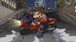  1boy akira_slide black_boots blue_pants boots brown_hair building clothing_cutout denim facial_hair fingerless_gloves glove_cutout gloves jacket jeans male_focus mario mario_(touring) mario_kart mario_kart_world motor_vehicle motorcycle mustache official_alternate_costume on_motorcycle outdoors overpass pants red_gloves red_jacket short_hair solo super_mario_bros. tree yamari_(ya_mari_6363) 