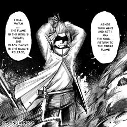  1boy absurdres arms_behind_head arms_up arthur_boyle artist_name bangs_pinned_back coat commentary cowboy_shot en&#039;en_no_shouboutai english_text greyscale hair_tie hatching_(texture) highres long_sleeves male_focus monochrome open_clothes open_coat pants senukin shaded_face sheath sheathed shirt short_hair solo speech_bubble talking topknot twitter_username tying_hair 