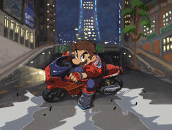  1boy akira_slide black_boots blue_pants boots brown_hair building clothing_cutout denim facial_hair fingerless_gloves glove_cutout gloves highres jacket jeans kaneda_shoutarou&#039;s_bike male_focus mario mario_(touring) mario_kart mario_kart_world motor_vehicle motorcycle mustache official_alternate_costume on_motorcycle outdoors overpass pants red_gloves red_jacket short_hair solo super_mario_bros. tree yamari_(ya_mari_6363) 
