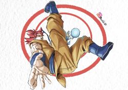  1boy absurdres beatlo_(rodrigo38658978) blue_boots boots dragon_ball dragon_ball_super energy_ball full_body highres instagram_username male_focus medium_hair orange_pants orange_tunic pants red_eyes red_hair solo son_goku spiky_hair super_saiyan super_saiyan_god tunic 