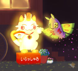  artist_name dustox flower glowing maneki-neko meowth night no_humans outdoors plant pokemon pokemon_(creature) potted_plant sparkle statue tamagohime window 