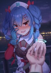  1boy 1girl :d absurdres bare_shoulders blue_gloves blue_hair blush braid buwad colphne_(girls'_frontline_2) colphne_(silent_heart)_(girls'_frontline_2) covenant_halo_(girls'_frontline_2) crying crying_with_eyes_open evening girls'_frontline_2:_exilium girls_frontline gloves hair_between_eyes hair_ornament hair_ribbon hairclip hand_over_eye hands_up happy happy_tears hat highres holding_hands jacket nurse_cap orange_eyes outdoors red_eyes red_ribbon ribbon smile solo_focus tears twin_braids twintails upper_body white_jacket 