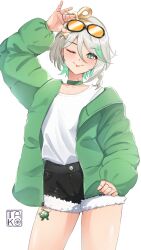  1girl ;p adjusting_eyewear alternate_costume arm_up black_shorts braid cecilia_immergreen colored_inner_hair commentary cowboy_shot denim denim_shorts doll doll_joints double-parted_bangs eyewear_on_head fur-trimmed_shorts fur_trim green_eyes green_hair green_jacket grey_hair hair_between_eyes hair_ornament highres hololive hololive_english jacket joints looking_at_viewer multicolored_hair one_eye_closed open_clothes open_jacket otomo_(cecilia_immergreen) shirt shirt_tucked_in short_hair short_shorts shorts side_braid simple_background single_braid solo streaked_hair sunglasses takoroki tongue tongue_out virtual_youtuber white_background white_shirt winding_key 