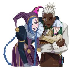  1boy 1girl absurdres apron arcane:_league_of_legends arcane_jinx arm_around_shoulder ascot black_shirt blue_eyes blue_hair braid brown_apron brown_eyes closed_mouth crop_top dark-skinned_male dark_skin dreadlocks ekko_(league_of_legends) eyeshadow facepaint firelight_ekko gold_trim green_vest hat hat_bell highres holding holding_scroll jester jester_cap jinx_(league_of_legends) juliet_sleeves league_of_legends long_hair long_sleeves looking_at_another makeup midriff monocle navel neck_ruff parted_lips ponytail puffy_sleeves rimari_(rimri4mm) scroll shirt short_hair smile teardrop_facial_mark teeth twin_braids upper_body vest white_ascot white_background white_hair white_shirt 