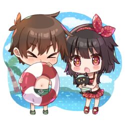  >_< +_+ 1boy 1girl :o :t alternate_costume animal bikini black_cat black_hair blunt_bangs blush blush_stickers bow brown_hair cat chibi chibi_only chomusuke colored_sclera commentary day eyes_visible_through_hair footwear_bow frilled_bikini frills full_body hair_bow hairband holding holding_animal holding_cat holding_swim_ring kono_subarashii_sekai_ni_shukufuku_wo! male_swimwear megumin navel ocean open_mouth outdoors palm_tree polka_dot polka_dot_bikini polka_dot_bow polka_dot_hairband red_bikini red_bow red_eyes red_hairband sandals satou_kazuma short_hair short_hair_with_long_locks standing swim_ring swim_trunks swimsuit tree v-shaped_eyebrows yellow_sclera yuno_(suke_yuno) 