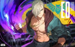  1boy abs absurdres arm_up asymmetrical_bangs bare_pectorals blonde_hair blue_eyes blue_jacket blue_pants character_name clenched_hand closed_mouth commentary_request denim ed_(street_fighter) english_commentary fingerless_gloves frown gloves hair_over_one_eye highres hood hood_down hooded_jacket jacket jeans jewelry korean_commentary looking_to_the_side male_focus male_underwear male_underwear_peek mixed-language_commentary multicolored_jacket navel necklace one_eye_covered pants pectorals plzgiveme_00 psycho_power red_hood short_hair sideways_glance solo street_fighter street_fighter_6 toned toned_male twitter_username two-tone_jacket underwear unzipped zipper 