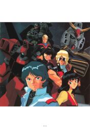  1980s_(style) 1990s_(style) 2girls 3boys absurdres aeug aiming aiming_at_viewer beret black_hair blue_hair brown_hair char_aznable crossed_arms emma_sheen fa_yuiry gun gundam gundam_mk_ii hat highres hizack jerid_messa kamille_bidan kitazume_hiroyuki looking_at_viewer machine_gun machinery mecha military_uniform mobile_suit mullet multiple_boys multiple_girls nebula official_art pompadour quattro_bajeena retro_artstyle rick_dias robot scan science_fiction space star_(sky) sunglasses traditional_media turtleneck v-fin vest weapon zeta_gundam 