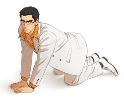  1boy all_fours bespectacled black_hair donlemefo draw_your_babygirl_(meme) dress_shirt dress_shoes facial_hair formal_clothes glasses hands_on_floor hands_on_ground highres kiryu_kazuma kneeling male_focus meme partially_unbuttoned pinstripe_pattern pinstripe_suit ryuu_ga_gotoku_(series) ryuu_ga_gotoku_0 shirt sideburns_stubble solo stubble suit white_suit 