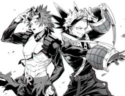  2boys abs bakugou_katsuki boku_no_hero_academia commentary_request gears gloves greyscale grin highres kirishima_eijiro male_focus mask_lift monochrome multiple_boys nipples open_mouth pectorals sharp_teeth short_hair simple_background smile spiky_hair teeth tsukota white_background 