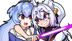  2girls absurdres ahoge animal_ear_fluff animal_ears arm_around_neck bao_(vtuber) bare_shoulders bell black_bodysuit black_ribbon blue_hair blue_sailor_collar bodysuit bodysuit_under_clothes cat_ears cat_girl energy_sword filian_(vtuber) glowing glowing_weapon grin hair_bell hair_between_eyes hair_intakes hair_ornament hair_ribbon highres holding holding_weapon indie_virtual_youtuber jewelry lightsaber long_hair marcelinha multiple_girls neckerchief necklace nervous_sweating off_shoulder official_art open_mouth pearl_necklace ponytail portuguese_commentary purple_lightsaber red_eyes red_neckerchief ribbon sailor_collar shirt short_sleeves silver_tiara simple_background smile star_wars sweat sword tiara v-shaped_eyebrows violet_eyes weapon white_background white_hair white_shirt 