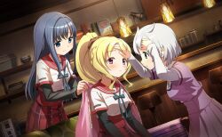  3girls aqua_eyes artist_request azusa_mifuyu black_scrunchie black_sleeves blanket blonde_hair blue_bow blue_bowtie blue_hair blush bow bowtie breast_pocket buttons center_frills collared_shirt couch covering_with_blanket cowboy_shot dress dutch_angle frills frown game_cg hair_horns hair_intakes hair_ornament hair_scrunchie hand_on_own_forehead happy high-waist_skirt high_collar high_ponytail highres holding holding_blanket indoors kamihama_university_affiliated_school_uniform lantern layered_sleeves living_room long_hair long_sidelocks long_sleeves looking_at_another magia_record:_mahou_shoujo_madoka_magica_gaiden mahou_shoujo_madoka_magica mahou_shoujo_madoka_magica_magia_exedra milk_carton miniskirt mizuna_girls&#039;_academy_school_uniform multiple_girls nanami_yachiyo nape_braid official_art on_couch parted_lips pink_eyes plaid_clothes plaid_skirt plate pleated_dress pleated_skirt pocket pointy_nose ponytail purple_dress red_sailor_collar red_skirt sailor_collar school_uniform scrunchie shelf shirt shirt_under_dress short_hair short_over_long_sleeves short_sleeves sick sidelocks sitting skirt sleeves_past_wrists square_neckline standing stool taking_temperature tareme togame_momoko very_long_hair wavy_hair white_hair white_shirt worried 