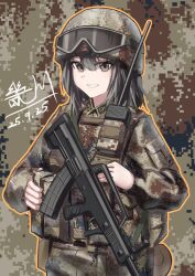  1girl absurdres assault_rifle black_eyes black_hair bullpup camouflage cowboy_shot dated digital_camouflage gun helmet highres lapels load_bearing_vest miliki military_combat_uniform military_uniform original people's_liberation_army qbz-95 radio rifle signature solo weapon 