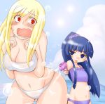  bad_id beach bikini blonde_hair blue_eyes blue_hair breasts cleavage cloud clouds furude_rika higurashi_no_naku_koro_ni long_hair multiple_girls navel ocean open_mouth ponytail red_eyes shinobe sky surprise surprised swimsuit takano_miyo tongue water_gun watergun wavy_mouth 