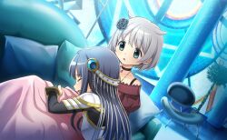  2girls aqua_eyes armor artist_request azusa_mifuyu bare_shoulders black_choker black_flower black_rose black_shirt blanket blue_hair bra_strap breastplate bridal_gauntlets brown_bridal_gauntlets casual chair choker closed_eyes couch crying feet_out_of_frame flower game_cg grey_hair hair_flower hair_intakes hair_ornament highres indoors juliet_sleeves lace-trimmed_shirt lace_trim light_particles long_hair long_sleeves magia_record:_mahou_shoujo_madoka_magica_gaiden magical_girl mahou_shoujo_madoka_magica mahou_shoujo_madoka_magica_magia_exedra multiple_girls nanami_yachiyo off-shoulder_shirt off_shoulder official_art on_couch pauldrons pendant_choker pillar pillow plant potted_plant puffy_sleeves red_shirt rose sad shirt short_hair shoulder_armor sitting stained_glass string surprised teardrop under_covers upper_body veil very_long_hair white_veil 