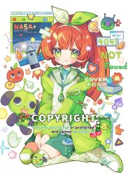  1girl 404 asymmetrical_legwear blush bow_hairband closed_mouth commentary commission cursor full_body green_eyes green_hairband green_jacket green_skirt green_thighhighs hairband http_status_code jacket long_hair long_sleeves looking_at_viewer mirta mismatched_legwear open_clothes open_jacket orange_hair original over-kneehighs polka_dot polka_dot_thighhighs rocket shirt shoes sitting skirt sneakers solo striped_clothes striped_thighhighs symbol-only_commentary teardrop thigh-highs v-shaped_eyebrows wariza white_shirt white_shoes window_(computing) 