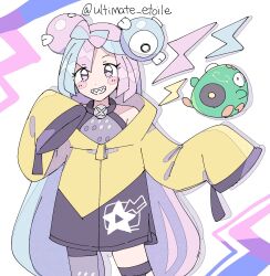  1girl bellibolt blue_hair blush_stickers bow-shaped_hair character_hair_ornament closed_eyes grey_pantyhose grin hair_ornament halter_shirt halterneck highres iono_(pokemon) jacket lightning_bolt_symbol long_hair long_sleeves looking_at_viewer multicolored_hair oversized_clothes pantyhose pink_eyes pink_hair pokemon pokemon_(creature) pokemon_sv remoooon sharp_teeth simple_background single_leg_pantyhose sleeves_past_fingers sleeves_past_wrists smile split-color_hair standing teeth two-tone_hair upper_body white_background yellow_jacket 