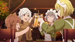  1boy 3girls :d animal_ears anime_coloring apron beer_mug bell_cranel blue_eyes brown_gloves brown_hair brown_jacket chair closed_eyes closed_mouth cup danmachi_battle_chronicle dog_ears dress dungeon_ni_deai_wo_motomeru_no_wa_machigatteiru_darou_ka elf flower game_cg gloves green_dress green_hair grey_hair hand_up highres holding holding_cup indoors jacket juliet_sleeves liliruca_arde long_sleeves looking_at_another maid_headdress mug multiple_girls non-web_source official_art orange_flower pointy_ears puffy_sleeves red_eyes red_flower ryu_lion short_hair sitting smile syr_flover toasting_(gesture) white_apron white_hair white_headdress wooden_chair yellow_flower 