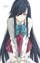  1girl aqua_bow aqua_bowtie artist_name black_hair blush bow bowtie brown_eyes dated dress dress_shirt gakky grey_pantyhose hair_over_one_eye hair_ribbon hayashimo_(kancolle) highres kantai_collection kneeling long_hair long_sleeves looking_at_viewer one-hour_drawing_challenge pantyhose pleated_dress purple_dress ribbon school_uniform seamed_legwear shirt simple_background smile solo very_long_hair white_ribbon white_shirt 
