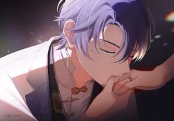  1boy 1girl black_vest calinae closed_eyes commentary_request grey_background hetero highres jacket jewelry kiss kissing_hand male_focus marius_von_hagen_(tears_of_themis) out_of_frame purple_hair ring rosa_(tears_of_themis) shirt solo_focus tears_of_themis upper_body vest white_jacket white_shirt 