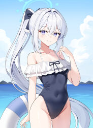  1girl absurdres arm_up bare_shoulders blue_archive blue_halo blue_one-piece_swimsuit bow breasts clothing_cutout collarbone frilled_one-piece_swimsuit frills groin hair_bow hair_intakes halo high_ponytail highleg highleg_one-piece_swimsuit highres lifebuoy medium_breasts miyako_(blue_archive) miyako_(swimsuit)_(blue_archive) navel_cutout ocean one-piece_swimsuit outdoors ponytail sob_(submar1089) solo swim_ring swimsuit thighs violet_eyes white_hair 