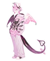  1boy androgynous angel_wings asymmetrical_footwear asymmetrical_wings bishounen commentary demon_tail demon_wings dragon_boy dragon_ears dragon_horns english_commentary fashion from_side full_body furry furry_male halo highres hood hood_down hoodie horns male_focus mismatched_footwear mismatched_wings neku_boo original pants pentagram pink_fur pink_hair profile shoes short_hair sneakers snout solo standing streetwear sweatpants tail tongue tongue_out violet_eyes white_hoodie white_pants wings 