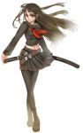  belt belts black_hair boots brown_hair fading katana komeo legs long_hair navel original pantyhose red_eyes school_uniform sheath sheathed skirt sword tenkuu_sphere weapon wind windy 