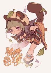  1girl absurdres animal_ears armor artist_name black_gloves blue_sandals blunt_bangs blush character_name clenched_hand closed_mouth colored_inner_hair english_commentary english_text fingerless_gloves floral_print flying-frappuccino full_body genshin_impact gloves green_hair hand_up happy_birthday highres honeycomb_(pattern) hood jacket japanese_armor japanese_clothes kimono kote kurokote leaf leaf_on_head multicolored_hair open_clothes open_jacket purple_hair purple_jacket raccoon_ears raccoon_girl raccoon_hood raccoon_tail sandals sayu_(genshin_impact) short_hair short_kimono short_sleeves simple_background solo standing tail thigh_strap v violet_eyes white_background yellow_hood yellow_kimono 