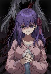  1girl black_background body_markings corruption dark_persona dark_sakura dress fate/stay_night fate_(series) grey_hair hair_ribbon heaven&#039;s_feel highres matou_sakura own_hands_together pink_shirt purple_hair red_ribbon ribbon shirt striped_clothes striped_dress syst098 violet_eyes 