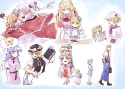  6+girls age_progression aged_down alice_margatroid alice_margatroid_(pc-98) anger_vein baby baby_animal bed_sheet bird black_boots black_hat blonde_hair blue_hair blue_headband blue_shoes blue_skirt blush book boots bow bow_headband briefcase capelet chick closed_mouth cutting doll dress fabric feathered_wings food fork frilled_headband grimoire_of_alice hair_bobbles hair_ornament hat hat_ornament headband heart highres holding holding_back holding_book holding_briefcase holding_doll holding_fork holding_knife hug knife long_hair looking_to_the_side louise_(touhou) lovelobten mai_(touhou) maid_headdress medium_hair motion_lines multiple_girls multiple_views mystic_square open_mouth pink_dress pink_hair pink_headband plate ponytail pout puffy_short_sleeves puffy_sleeves red_dress red_eyes sara_(touhou) shanghai_doll shinki_(touhou) shirt shoes short_hair short_sleeves sitting_on_shoulder skirt smile speech_bubble squiggle steak sweatdrop table teasing thought_bubble touhou touhou_(pc-98) watercolor_background watercolor_effect wavy_hair white_bow white_capelet white_hat white_shirt wings yellow_eyes yuki_(touhou) yumeko_(touhou) 