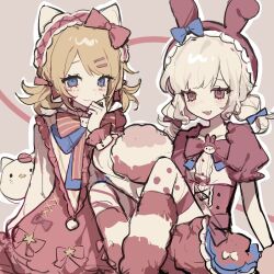  2girls animal_ears animal_hands blonde_hair blue_bow blue_eyes blush bow bowtie cat_ears closed_mouth dress emma_woods emma_woods_(hello_kitty_dream) fake_animal_ears fang fluffy_legwear frills gloves hair_bow hair_ornament hairclip hello_kitty_(character) highres identity_v leg_warmers lily_barriere lily_barriere_(stunning_my_melody) long_hair long_sleeves looking_at_viewer low_twintails multiple_girls my_melody open_mouth pink_bow pink_dress pink_eyes polka_dot pom_pom_(cheerleading) puffy_short_sleeves puffy_sleeves rabbit_ears red_bow sanrio shangxindelucha6026 shirt short_hair short_sleeves short_twintails sitting sketch skirt smile socks striped_clothes thigh-highs twintails white_shirt 