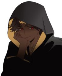  1boy absurdres black_robe circlet dark-skinned_male dark_skin dr_metagross fire_emblem fire_emblem_engage fogado_(fire_emblem) gold_circlet gold_necklace highres hood hood_up hooded_robe jewelry male_focus necklace prince robe solo star-shaped_pupils star_(symbol) symbol-shaped_pupils very_dark_skin 