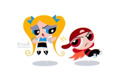  1boy 1girl arms_behind_head artist_name backwards_hat bangle baseball_cap black_pants black_shoes black_skirt blonde_hair blue_bow blue_eyes blue_shirt bow bracelet brat_(ppg) brick_(ppg) commentary_request crop_top dc_comics dc_powerpuff_girls floating frown full_body furrowed_brow hair_bow hand_on_own_hip hat highres jewelry looking_at_another midriff noah_(rokoroko) open_mouth orange_hair pants pantyhose powerpuff_girls red_eyes red_hat red_shirt shirt shoes skirt sneakers twintails white_background white_pantyhose 