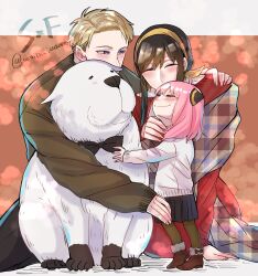  1boy 2girls ahoge anya_(spy_x_family) arm_around_shoulder black_bow black_bowtie black_hair black_pants black_skirt blonde_hair blue_eyes blush bond_(spy_x_family) boots bow bowtie brown_boots brown_pantyhose brown_sweater child closed_eyes copyright_name dog dress earrings gold_earrings hair_ribbon hairband hairpods highres jewelry long_hair medium_hair multiple_girls pants pantyhose pink_hair plaid_clothes plaid_shawl red_dress ribbon shawl short_hair sidelocks sitting skirt smile spy_x_family standing sweater twilight_(spy_x_family) twitter_username umini_ikukara updo white_sweater yellow_hairband yellow_ribbon yor_briar 