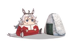  1girl absurdres advarcher ahoge animal_ears blue_eyes chibi ear_ornament food grey_hair grey_tail hair_between_eyes hair_ornament hairband highres horse_ears horse_girl horse_tail jacket long_hair long_sleeves multicolored_hair no_mouth oguri_cap_(umamusume) onigiri pants red_jacket red_pants red_track_suit shoes simple_background solo tail tracen_training_uniform track_jacket track_pants track_suit umamusume white_background 