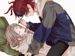  2boys absurdres aestro_111 ahoge aotsuki_eito black_streaks blue_eyes blue_jacket boy_on_top closed_eyes commentary_request drawing_on_another&#039;s_face grey_hair grey_jacket highres holding holding_marker hood hoodie jacket jacket_over_hoodie looking_at_another male_focus marker multicolored_hair multicolored_jacket multiple_boys open_mouth red_hair short_hair simple_background streaked_hair sumino_takumi sweatdrop the_hundred_line_-last_defense_academy- tic-tac-toe two-tone_jacket white_background white_hoodie white_jacket 