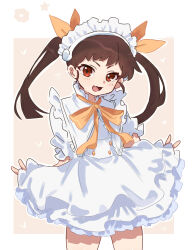  1girl :d absurdres alternate_costume artist_name blush border bow bowtie brown_background brown_hair buttons clothes_lift commentary cowboy_shot curtsey double-breasted dress eyelashes fang flower_symbol frilled_dress frilled_hairband frills hachikuji_mayoi hair_ribbon hairband heart highres lifting_own_clothes long_hair looking_at_viewer monogatari_(series) orange_bow orange_bowtie orange_ribbon outline outside_border puffy_short_sleeves puffy_sleeves red_eyes ribbon short_sleeves sidelocks signature simple_background skin_fang skirt skirt_lift smile solo standing star_(symbol) symbol-only_commentary tsugumi_(tgm_615486) twintails v-shaped_eyebrows white_border white_hairband white_outline 