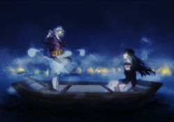  2others androgynous armor bare_legs black_bridal_gauntlets black_headband blue_hair blue_hakama blue_jacket blue_sky breastplate bridal_gauntlets brown_hakama brown_headband closed_eyes closed_mouth clouds commentary epaulettes expressionless faulds floating_hair flute fog from_side fujiwara_no_iyozane full_body green_hair hachimaki hakama hakama_short_skirt hakama_skirt haori headband hitodama instrument jacket jacket_on_shoulders japanese_clothes kimono ko_(hannasu) len&#039;en long_hair long_sleeves looking_at_another messy_hair multiple_others music night night_sky ocean one_side_up other_focus outdoors playing_flute playing_instrument purple_kimono red_eyes shadow short_hair short_kimono sitting skirt sky standing symbol-only_commentary taira_no_fumikado very_long_hair wind 