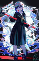  1girl absurdres beads black_hair black_sailor_collar black_serafuku black_shirt black_shoes black_skirt from_side full_body helmet highres holding holding_shovel kagenoyuhi lantern long_hair long_sleeves looking_at_viewer low_twintails neckerchief original paper_lantern pleated_skirt prayer_beads rope sailor_collar school_uniform serafuku shimenawa shirt shoes shovel sign signature skirt socks solo standing stone_lantern torii twintails white_helmet white_socks yellow_neckerchief 